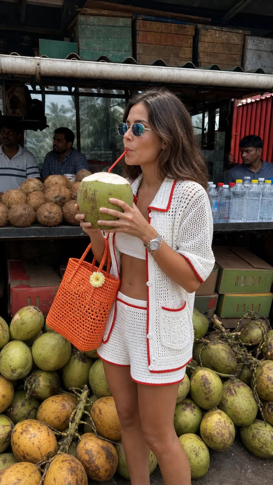 Coconut Stand Sip: Sipping a fresh green coconut at a roadside stand