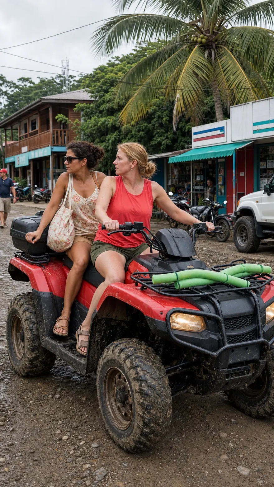 Costa Rica ATV Ride: Two riders on a muddy quad through a rainy tropical town