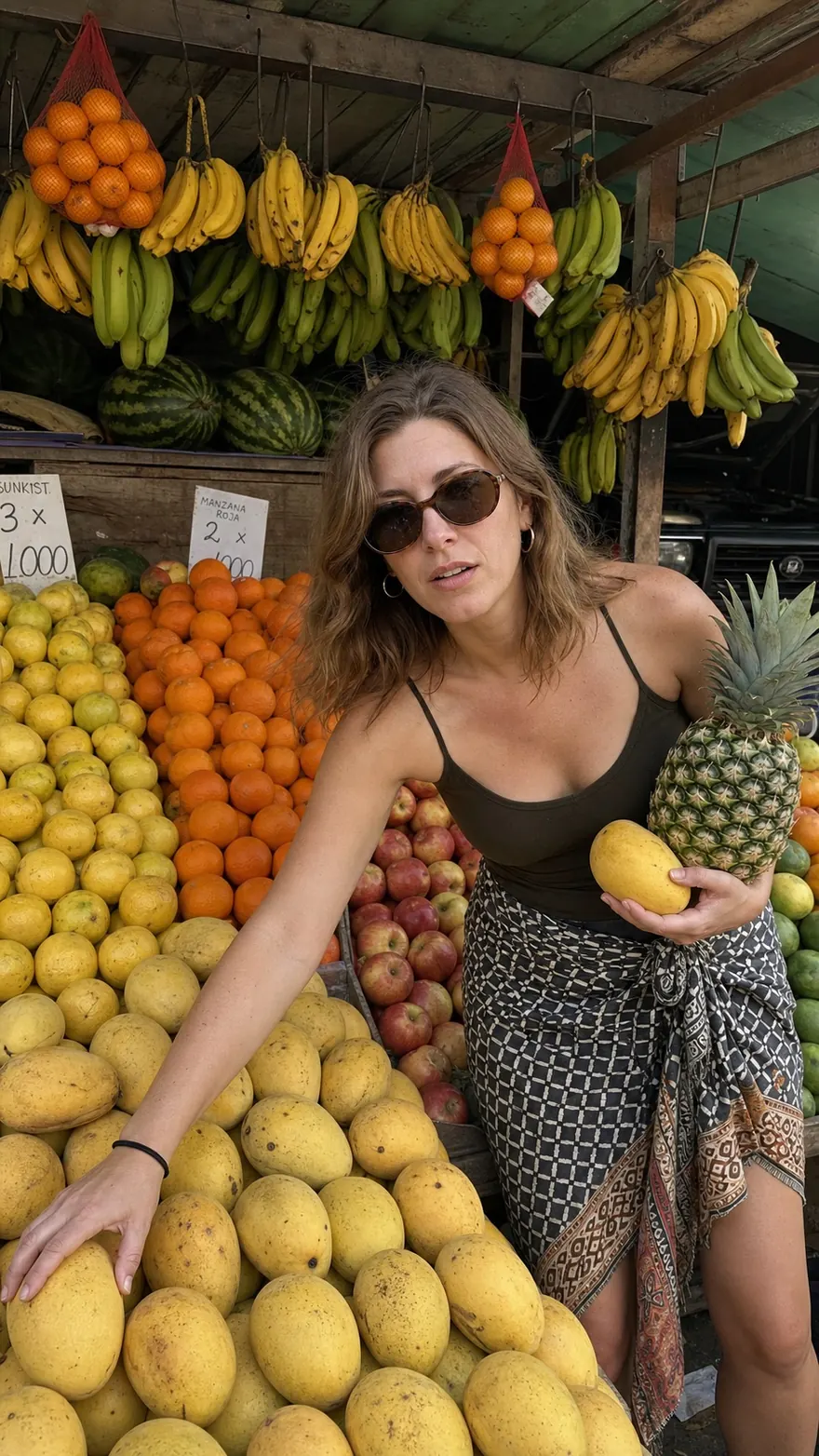 Fruit Market Haul: Holding a pineapple and mango at a tropical fruit stand