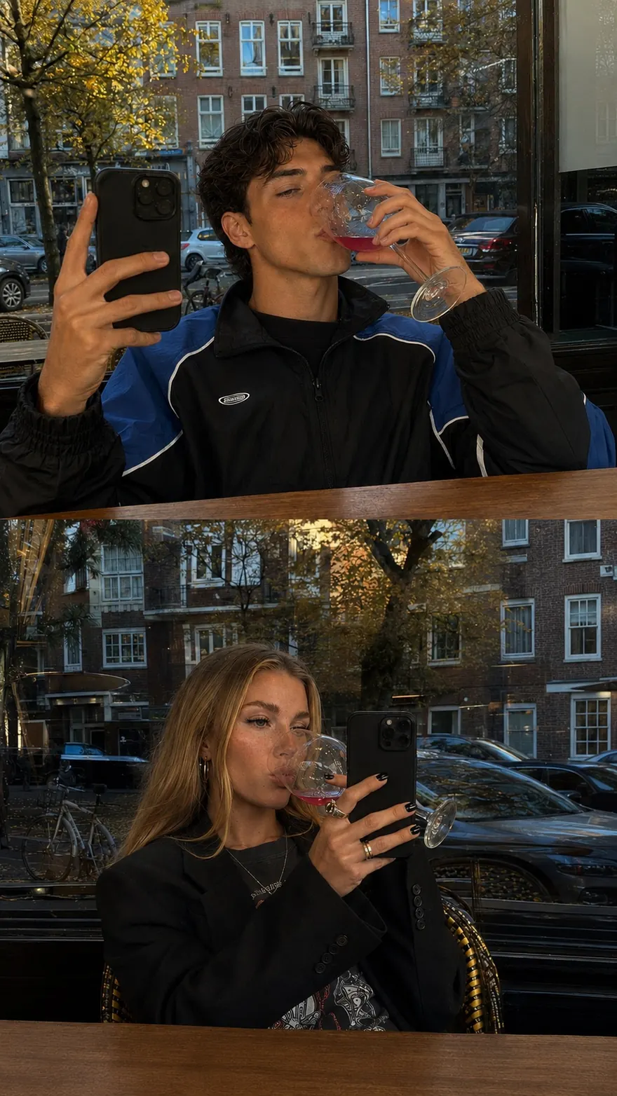 Café Window Mirror Selfie Duo: Two-person IG trend: mirror selfie through a café window, wine glass to the lips