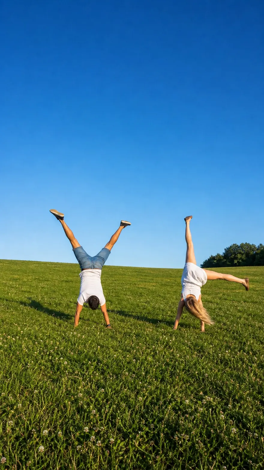 Meadow Cartwheels: Two friends mid-cartwheel across an open meadow