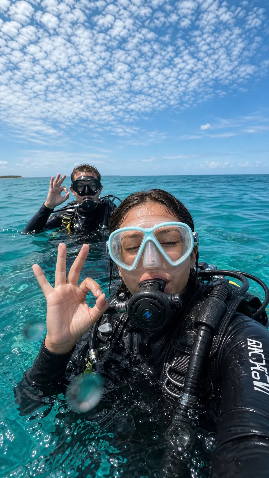 Scuba Surface: Two divers floating at the surface in full kit