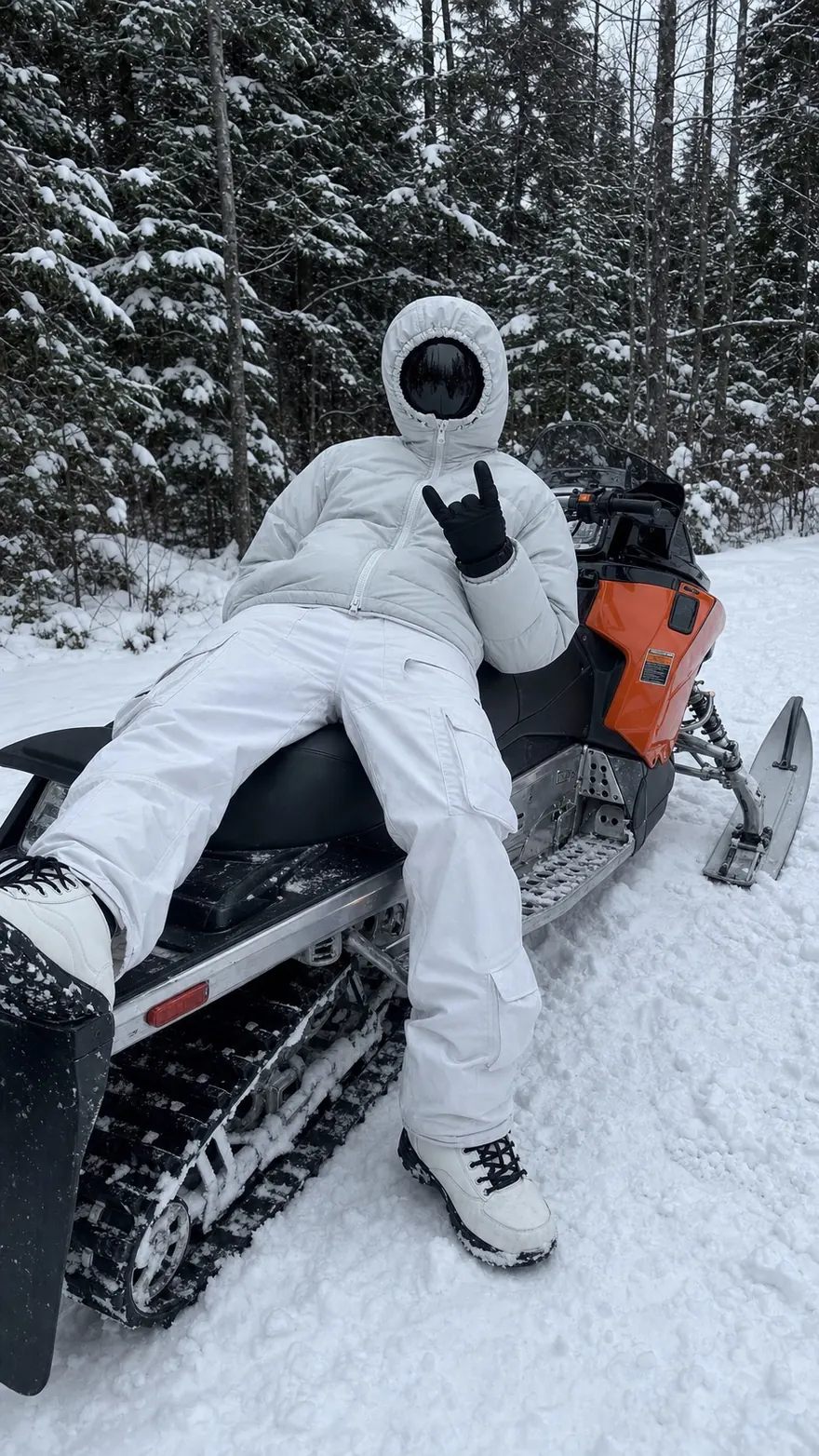 Snowmobile Forest: Reclined on a snowmobile in a snowy forest, throwing a sign