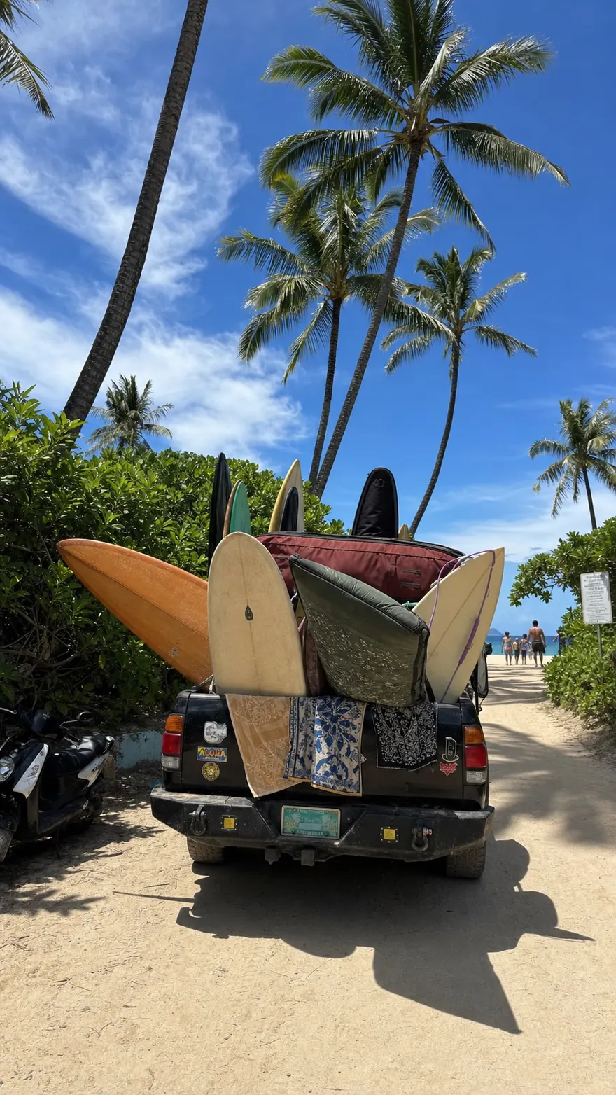 Surfboard Truck: Black pickup stacked with boards on a sandy beach track